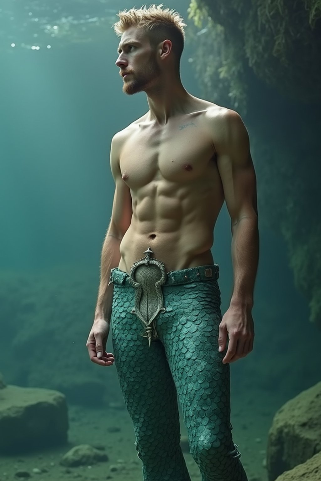 man as a Mermaid the head and upper body of a human and the tail of a fish