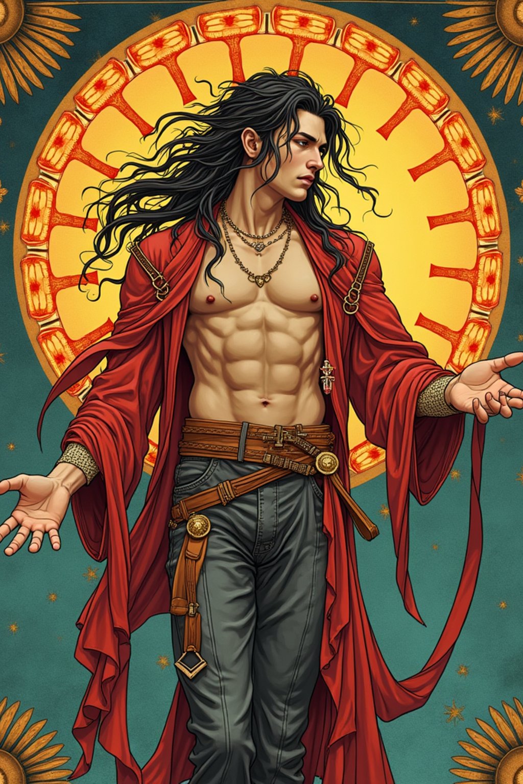 illustration of man as Mythical Tarot Cardin the style of moebius and mohrbacher and rossdraws and ross tran and alphonse mucha and ayami kojima, pixar style, maya engine, splash comics style, tarot card style, art nouveau, rich bright colours