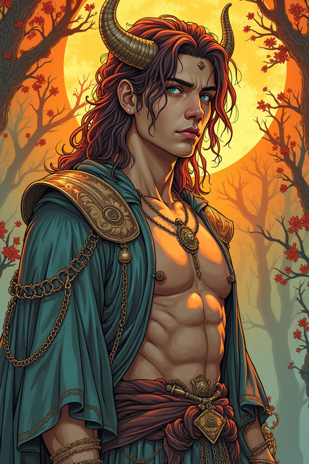 illustration of man as Mythical Tarot Cardin the style of moebius and mohrbacher and rossdraws and ross tran and alphonse mucha and ayami kojima, pixar style, maya engine, splash comics style, tarot card style, art nouveau, rich bright colours