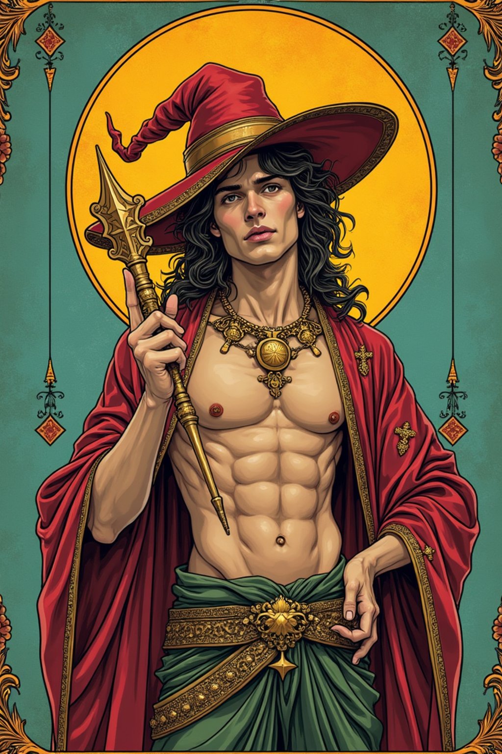 illustration of man as Mythical Tarot Cardin the style of moebius and mohrbacher and rossdraws and ross tran and alphonse mucha and ayami kojima, pixar style, maya engine, splash comics style, tarot card style, art nouveau, rich bright colours