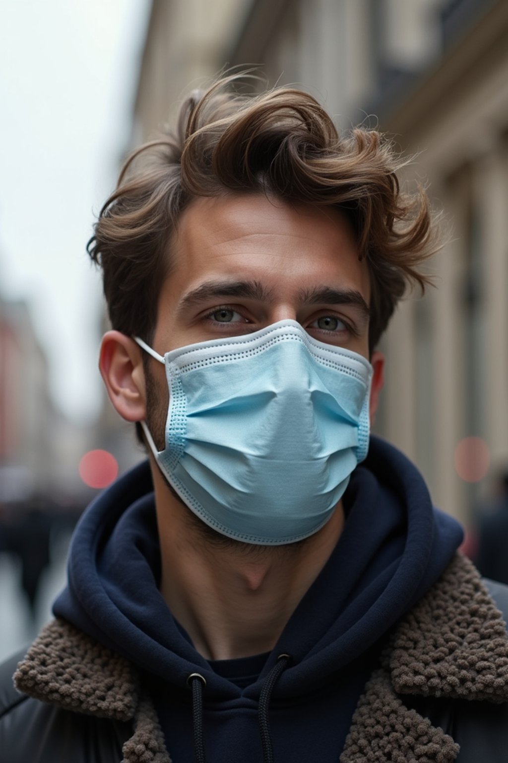 man wearing a Covid n95 mask in 2020. outside