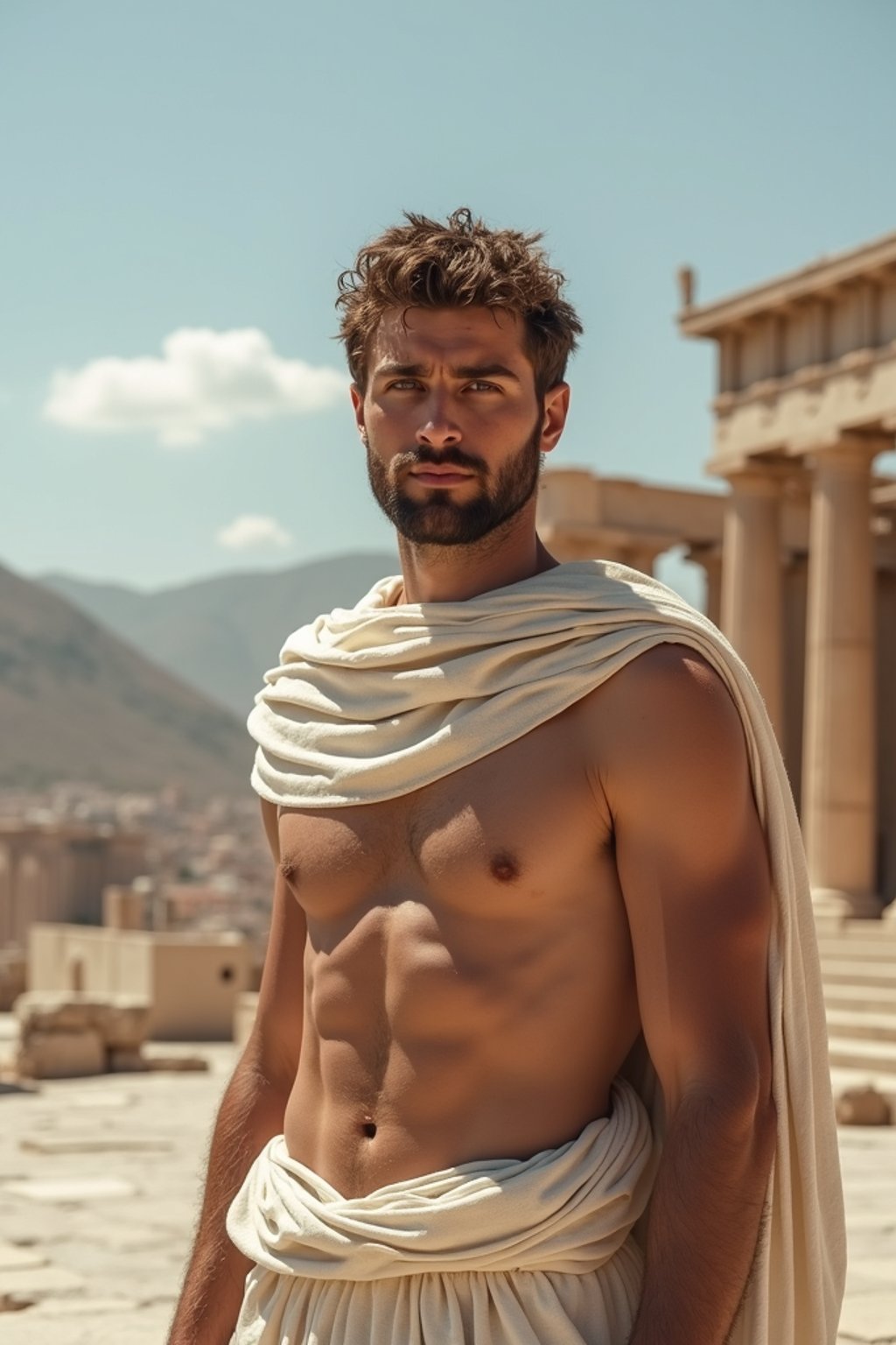 man as Ancient Greek philosopher in 500 B.C., Ancient Roman white clean new temple in background