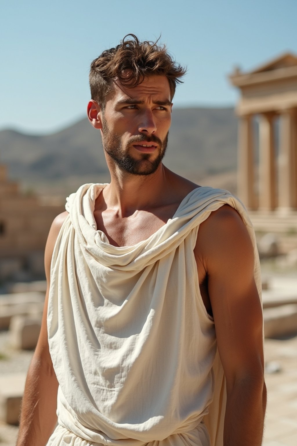 man as Ancient Greek philosopher in 500 B.C., Ancient Roman white clean new temple in background