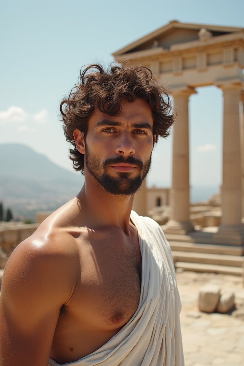 man as Ancient Greek philosopher in 500 B.C., Ancient Roman white clean new temple in background