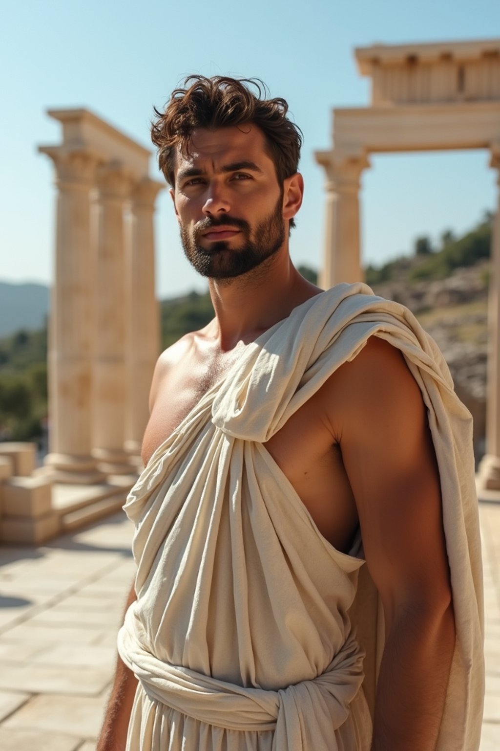 man as Ancient Greek philosopher in 500 B.C., Ancient Roman white clean new temple in background