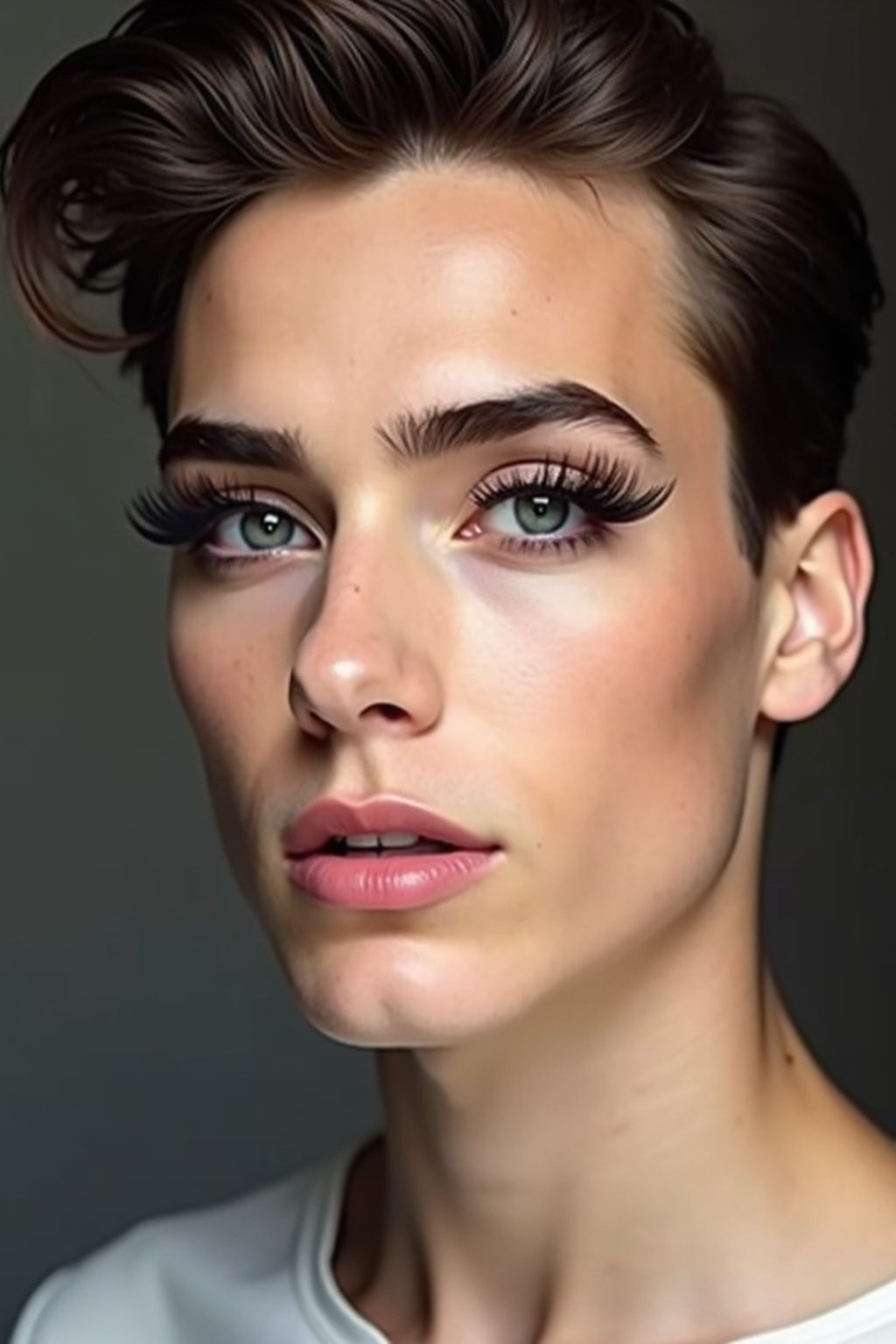 make up ideas for man. fake eyelashes, perfect cat eyeliner, light pink lipstick