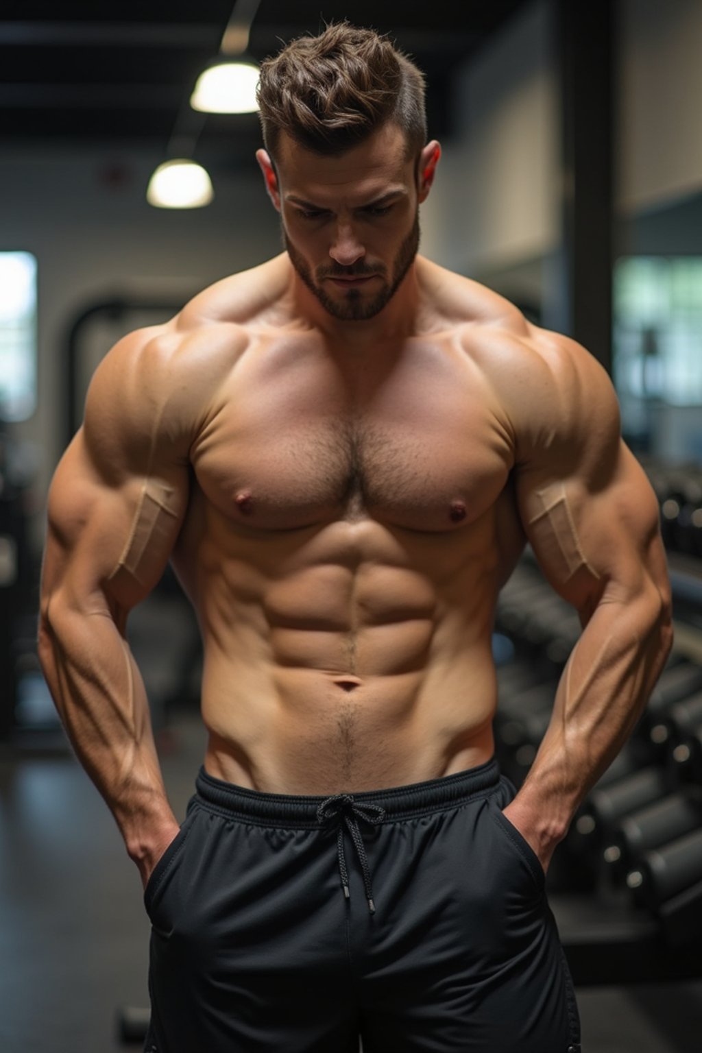 man in shorts and shirtless  in the fitness gym working out