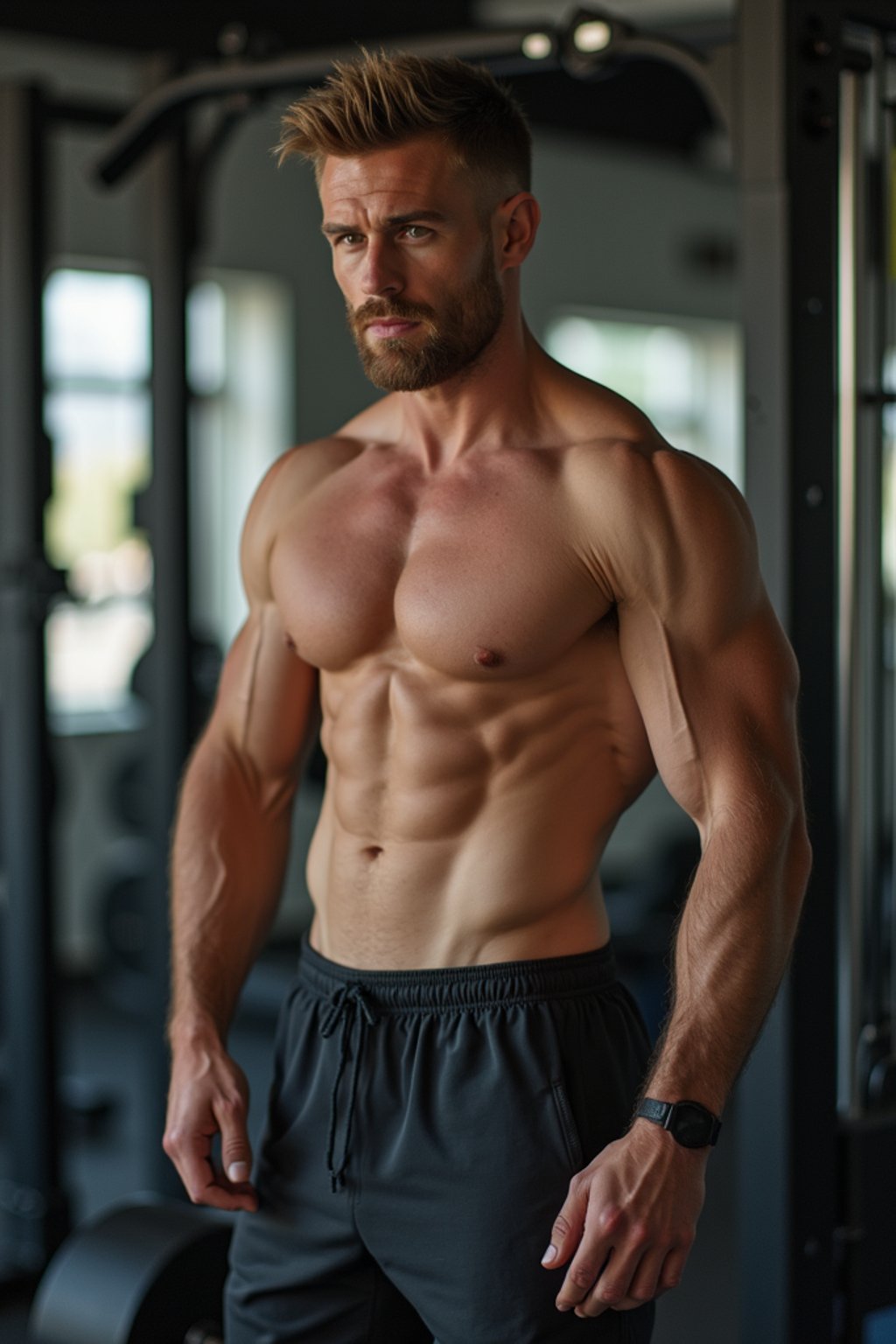 man in shorts and shirtless  in the fitness gym working out