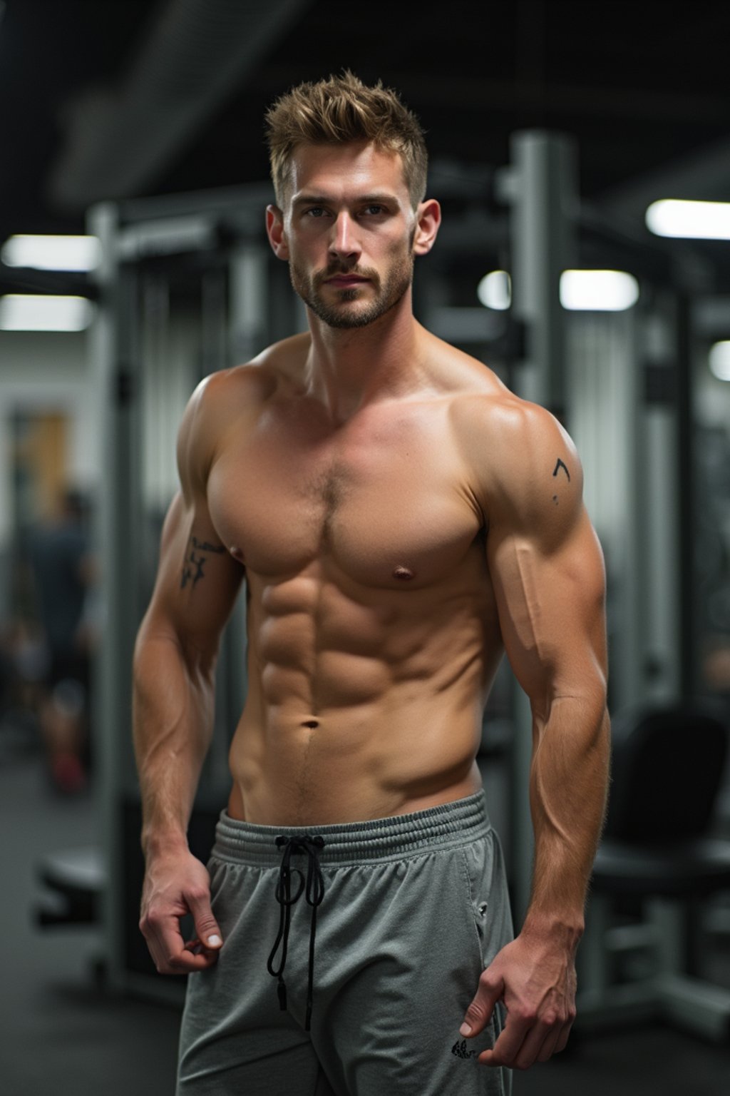 man in shorts and shirtless  in the fitness gym working out