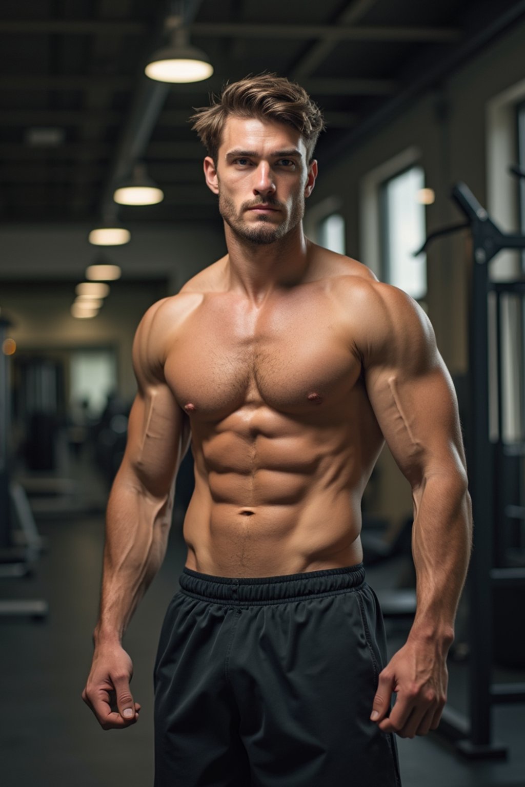 man in shorts and shirtless  in the fitness gym working out