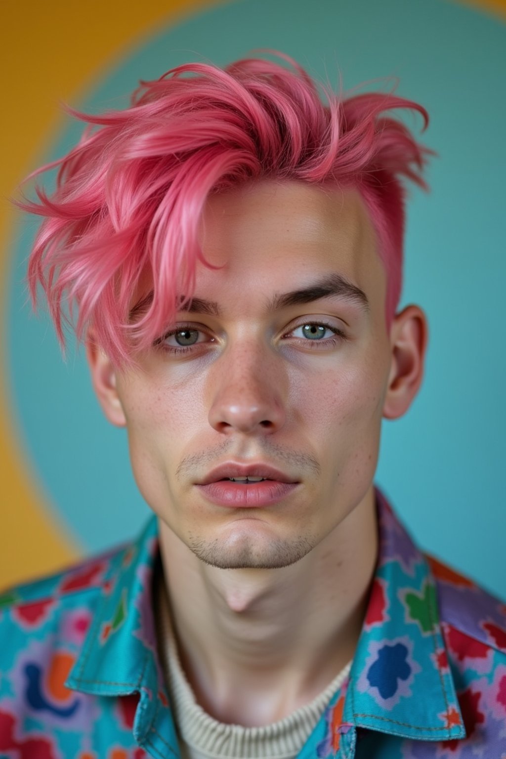 man as a progressive LGBTQ activist with pink or blue hair