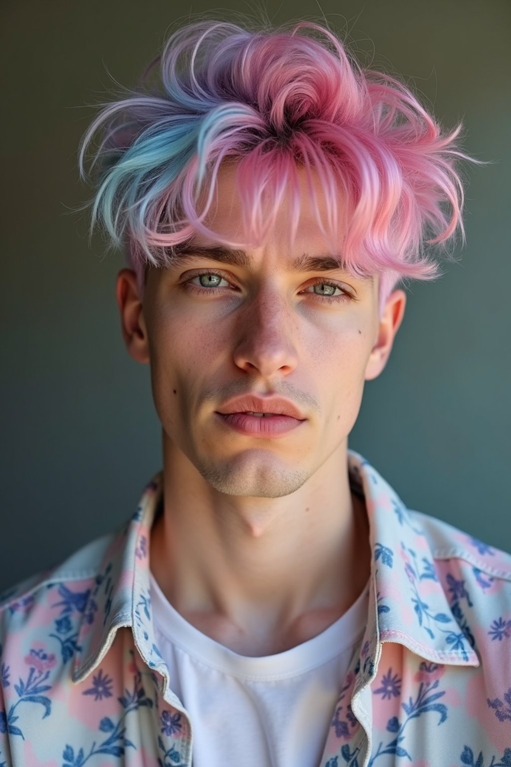 man as a progressive LGBTQ activist with pink or blue hair