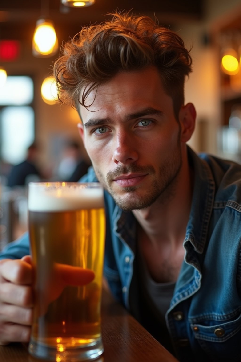 man in a busy bar drinking beer. holding an intact pint glass mug of beer