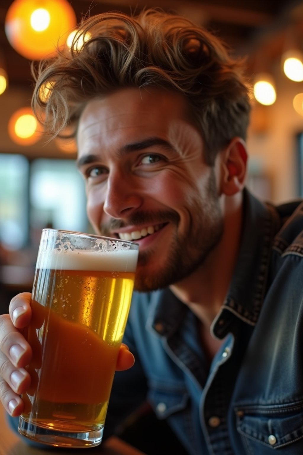 man in a busy bar drinking beer. holding an intact pint glass mug of beer