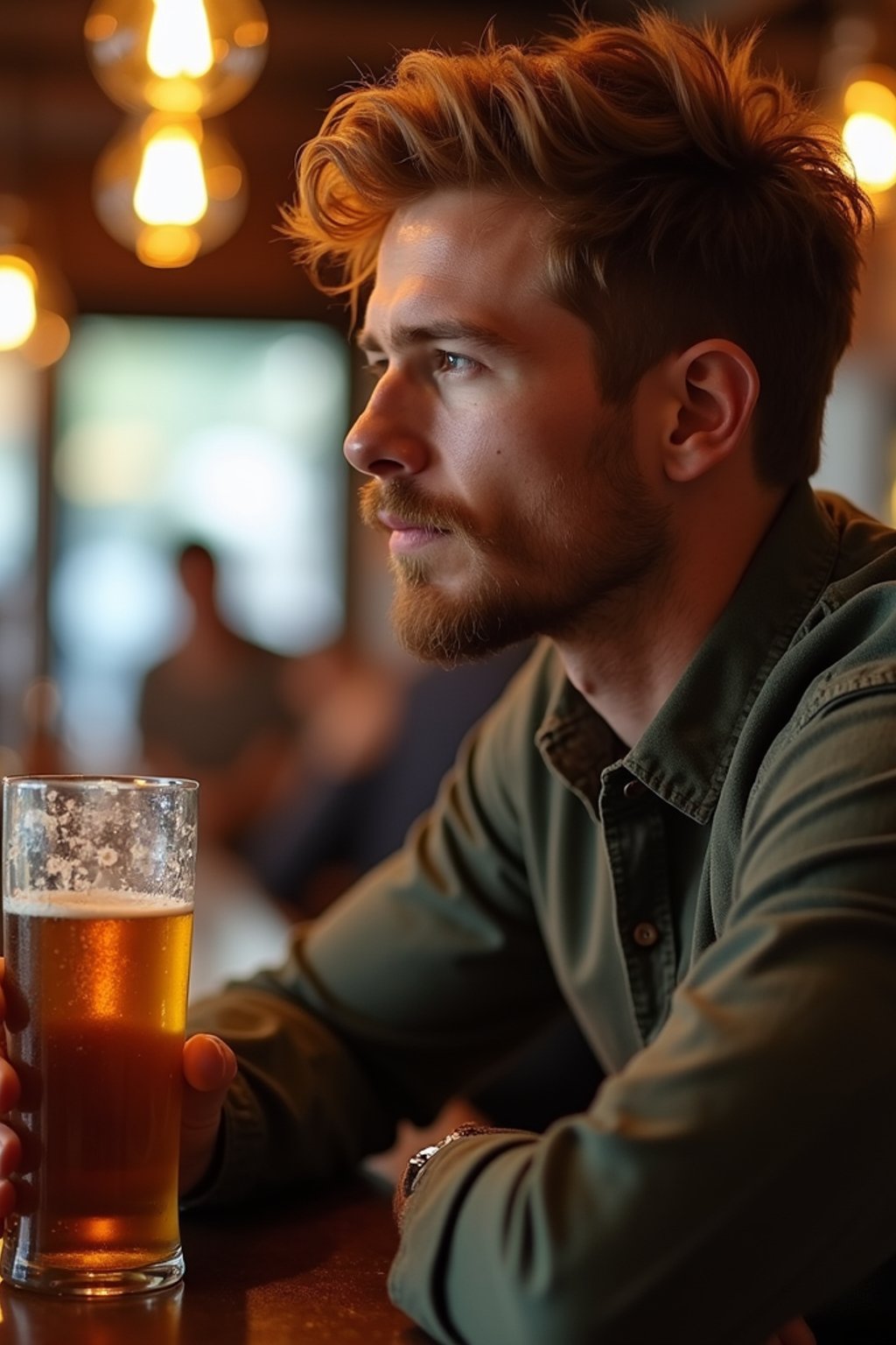 man in a busy bar drinking beer. holding an intact pint glass mug of beer