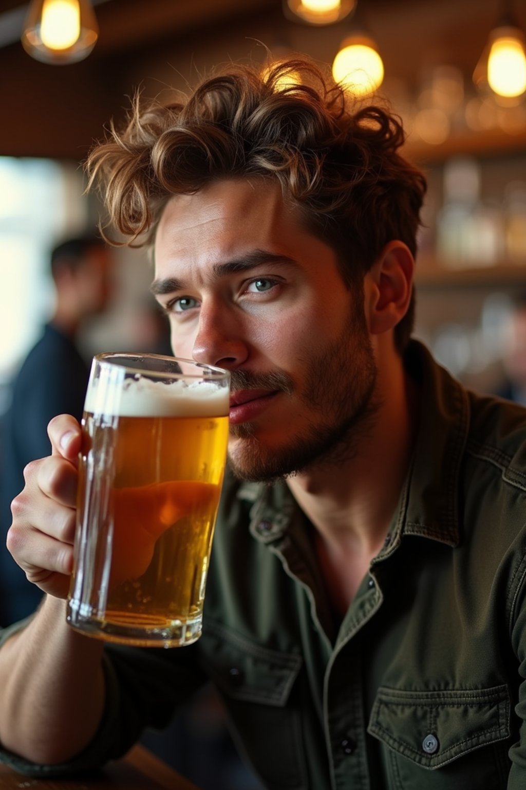 man in a busy bar drinking beer. holding an intact pint glass mug of beer