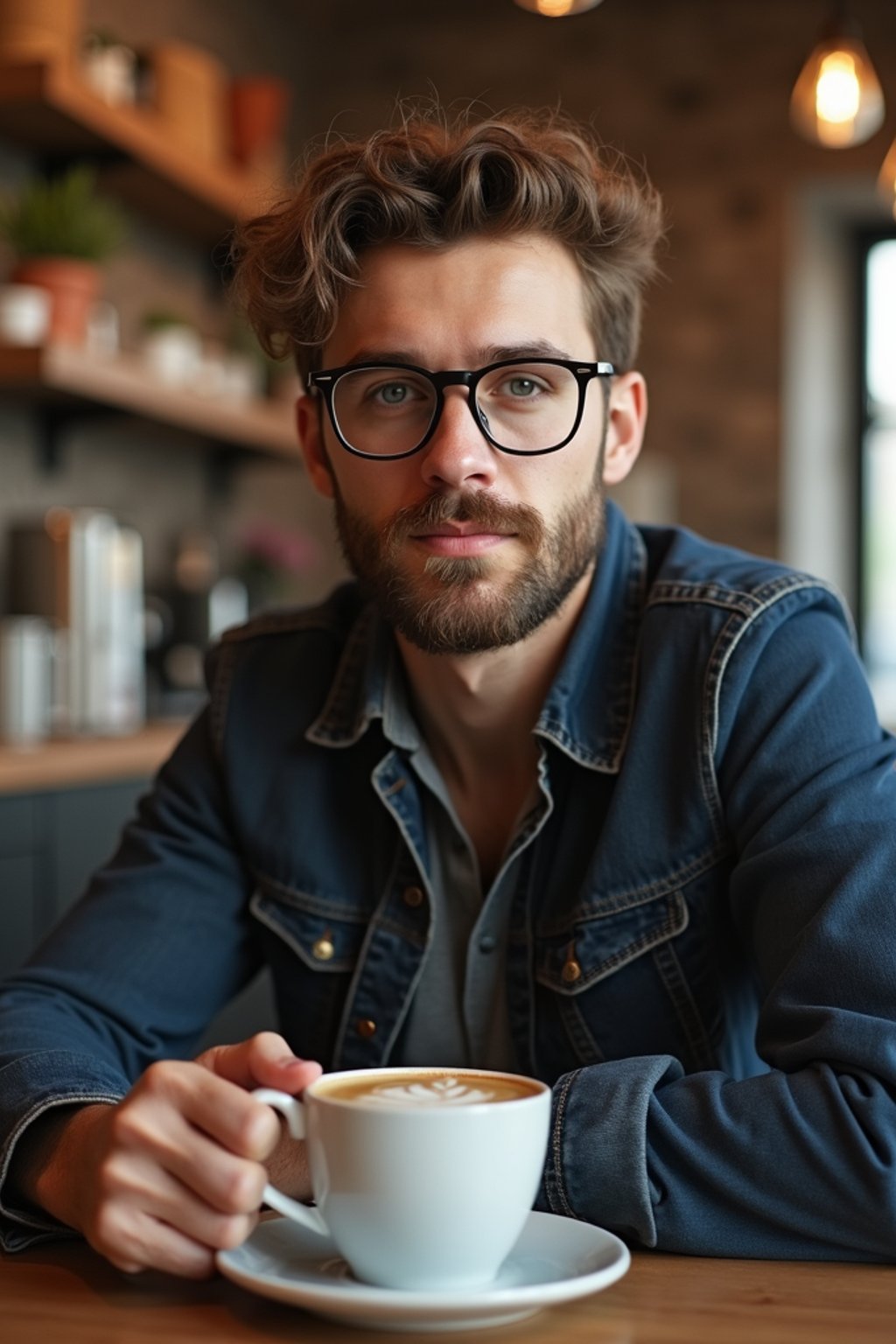 man in hipster coffee place with coffee cup on table