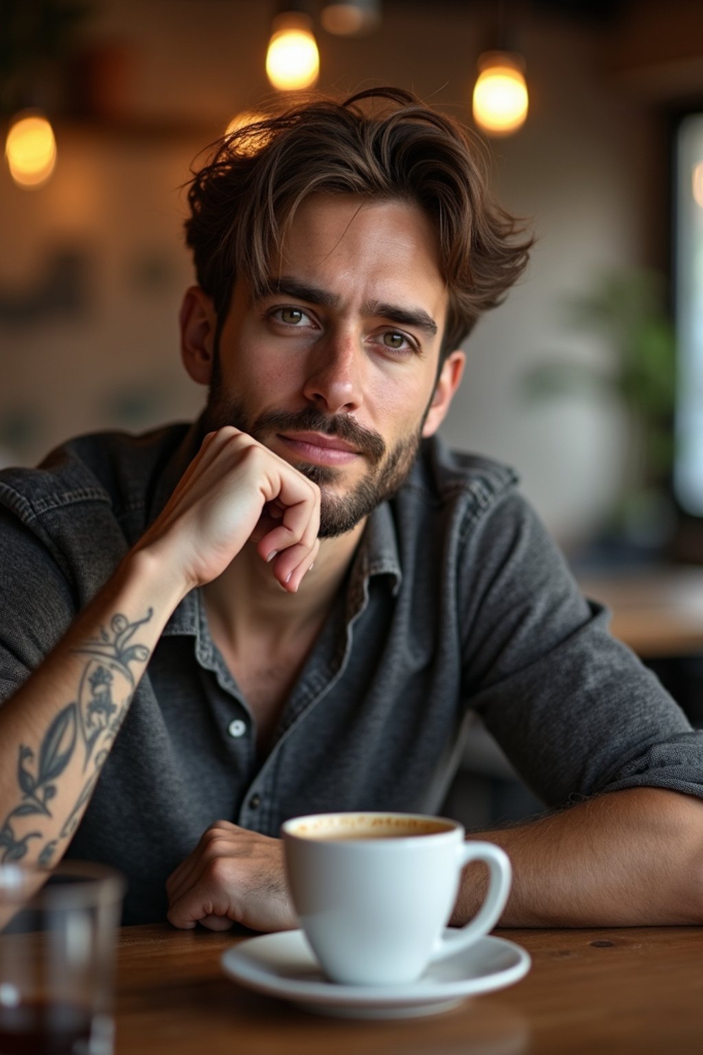 man in hipster coffee place with coffee cup on table