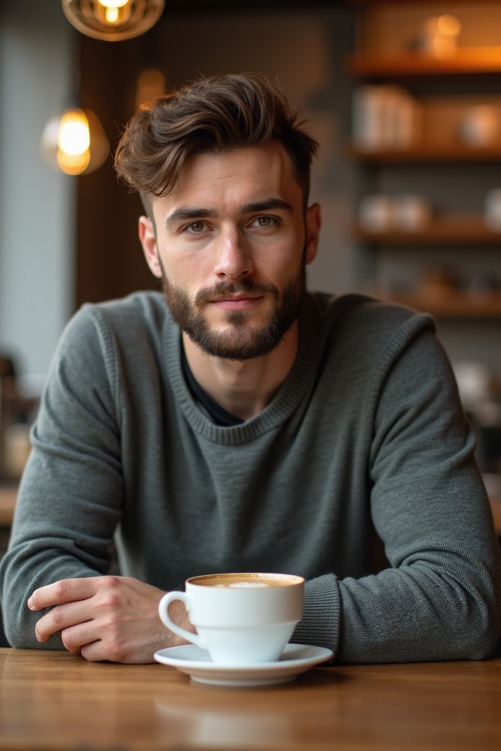 man in hipster coffee place with coffee cup on table