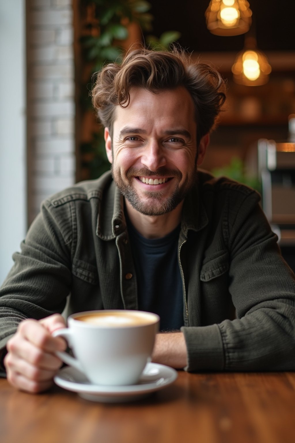 man in hipster coffee place with coffee cup on table