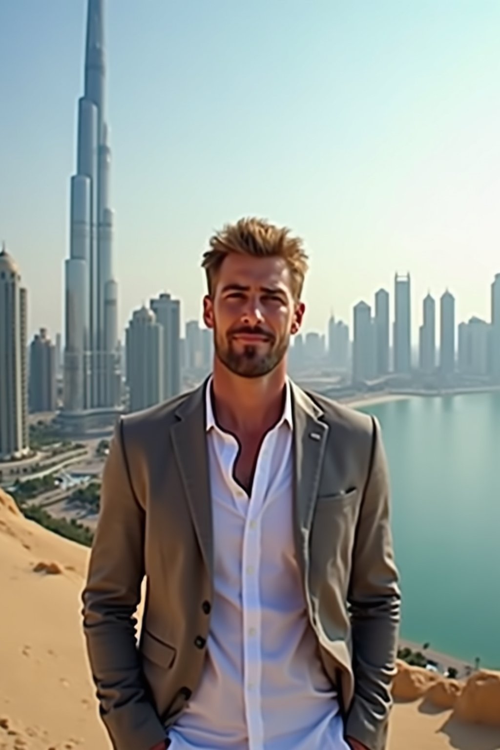 man standing in front of city skyline viewpoint in Dubai with city skyline in background