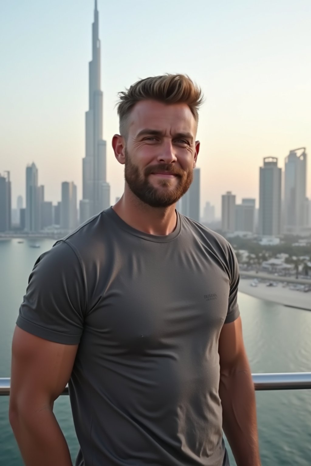 man standing in front of city skyline viewpoint in Dubai with city skyline in background