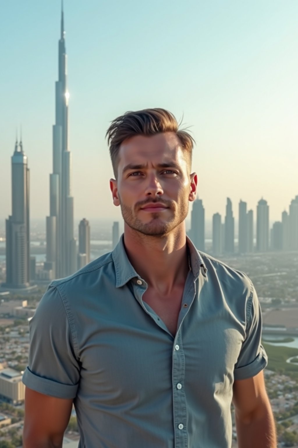 man standing in front of city skyline viewpoint in Dubai with city skyline in background