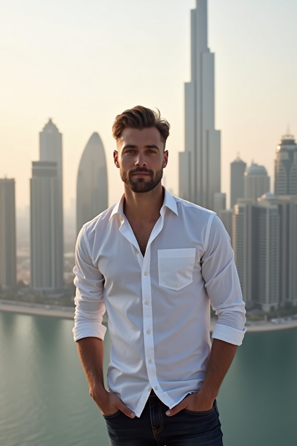 man standing in front of city skyline viewpoint in Dubai with city skyline in background