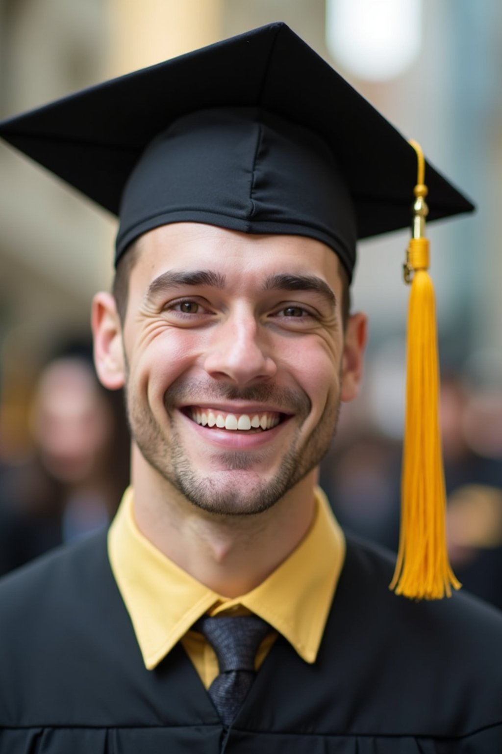 happy  man in Graduation Ceremony wearing a square black Graduation Cap with yellow tassel at college