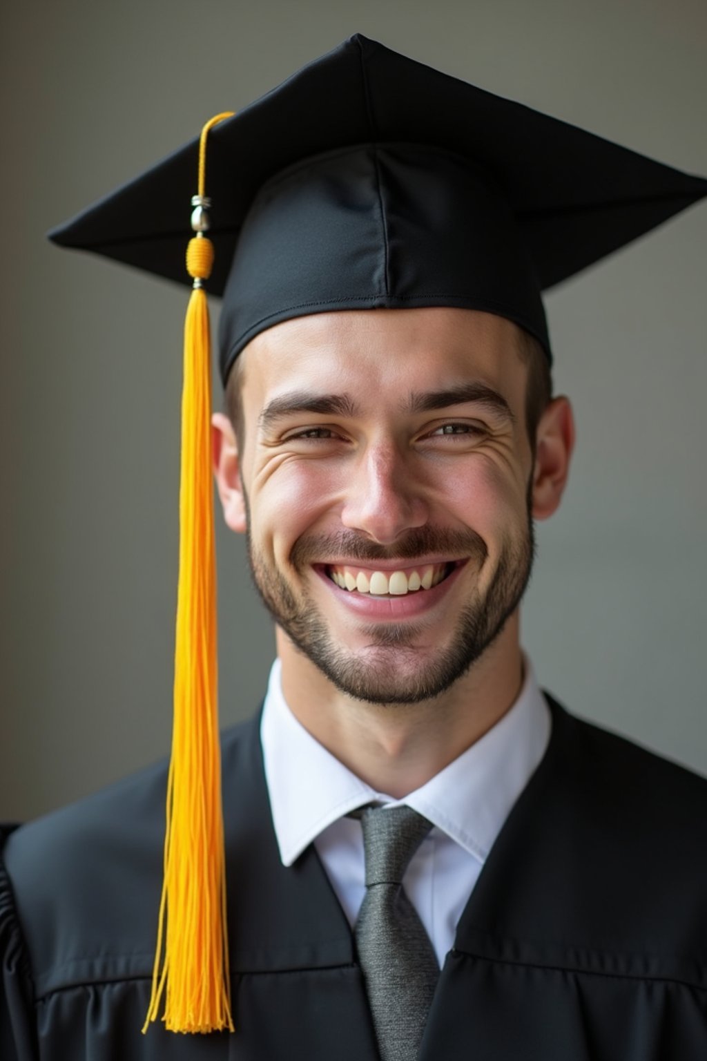 happy  man in Graduation Ceremony wearing a square black Graduation Cap with yellow tassel at college