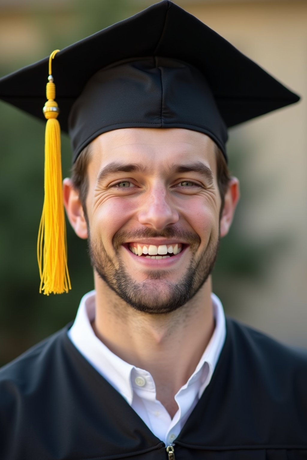 happy  man in Graduation Ceremony wearing a square black Graduation Cap with yellow tassel at college