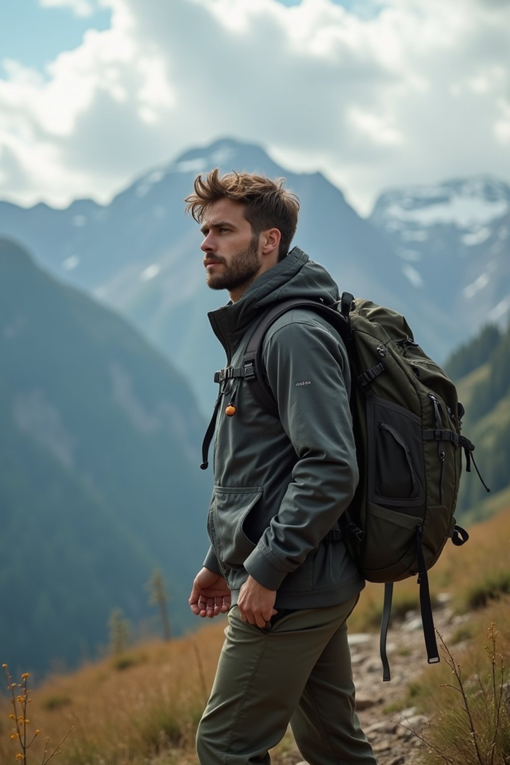 man hiking in mountains