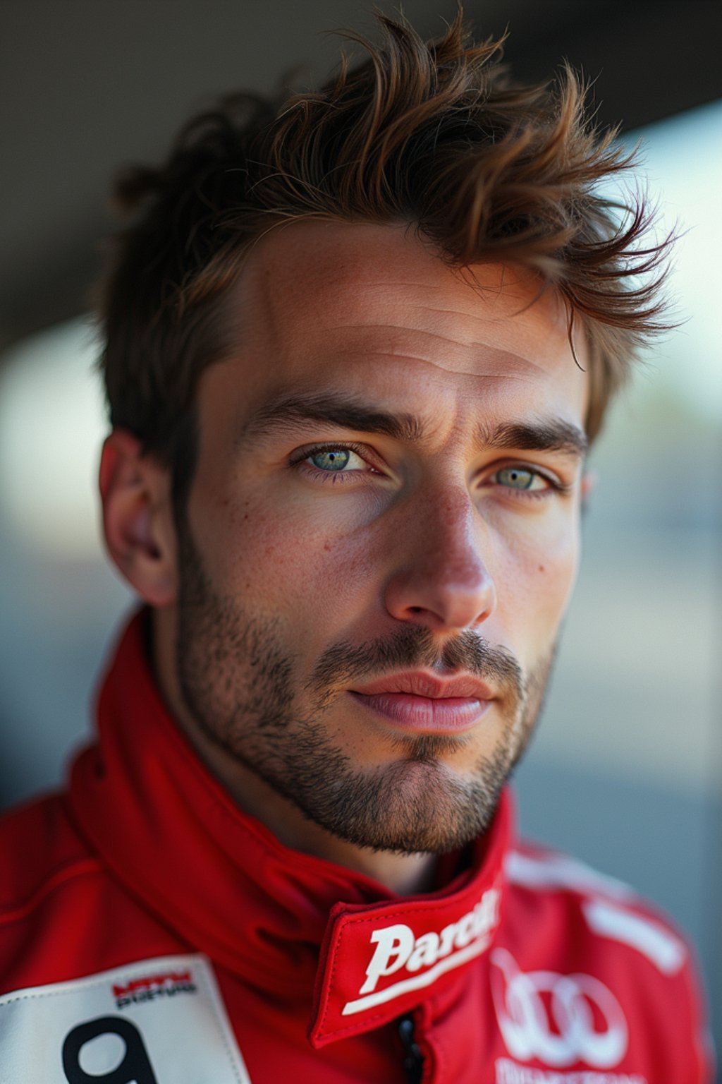 Ultra realistic photograph of man as Formula 1 race driver