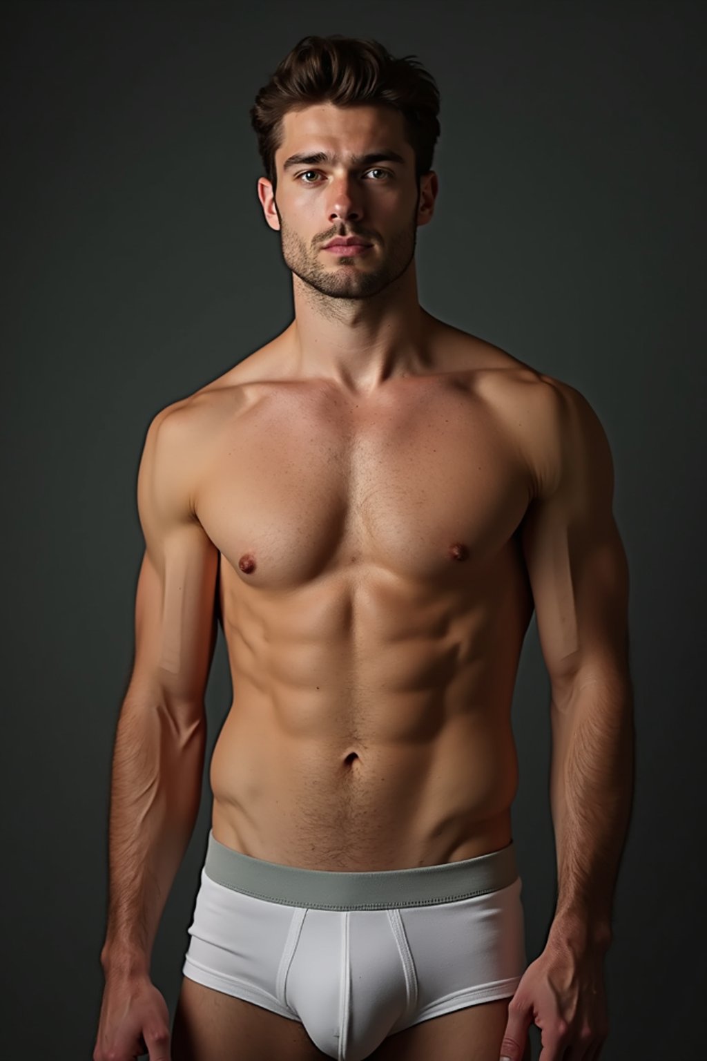 man wearing underwear  in Men's Health  centerfold photoshoot. intact eyes, symmetrical eyes, realistic skin texture. hyper realistic eyes. photorealistic