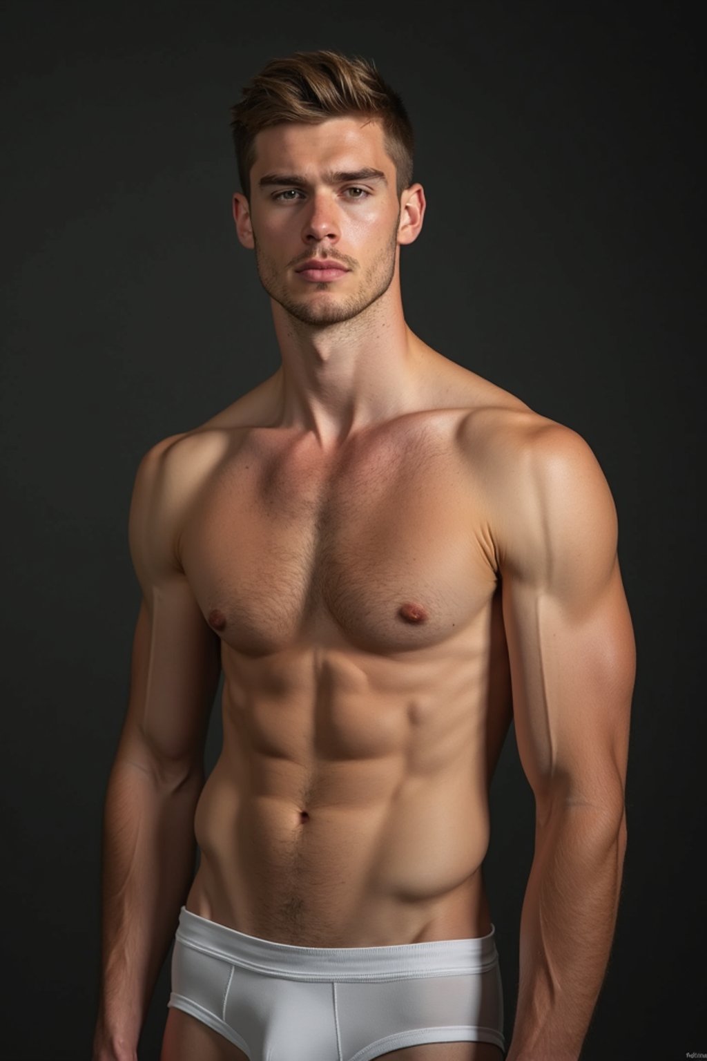 man wearing underwear  in Men's Health  centerfold photoshoot. intact eyes, symmetrical eyes, realistic skin texture. hyper realistic eyes. photorealistic