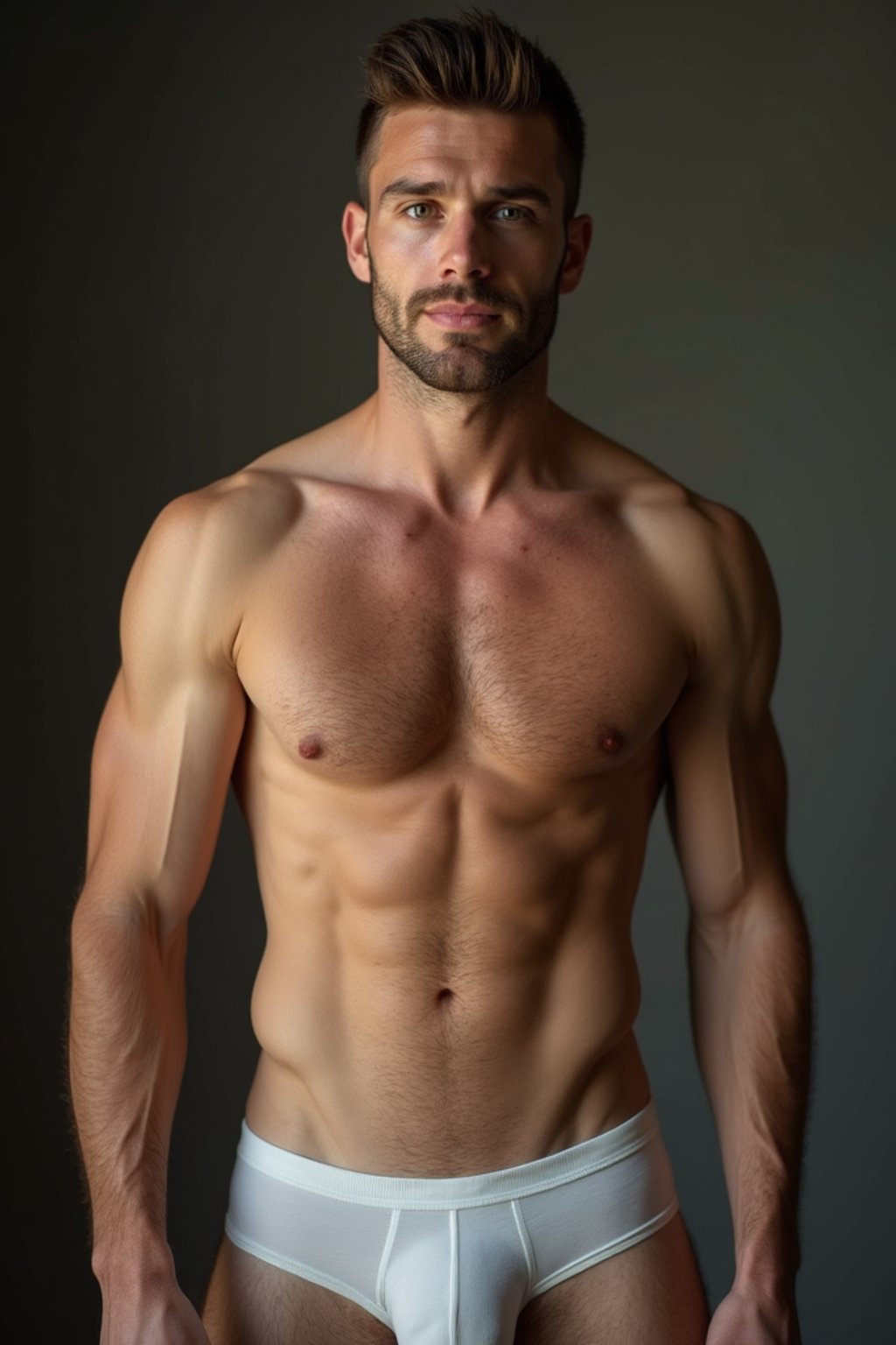 man wearing underwear  in Men's Health  centerfold photoshoot. intact eyes, symmetrical eyes, realistic skin texture. hyper realistic eyes. photorealistic