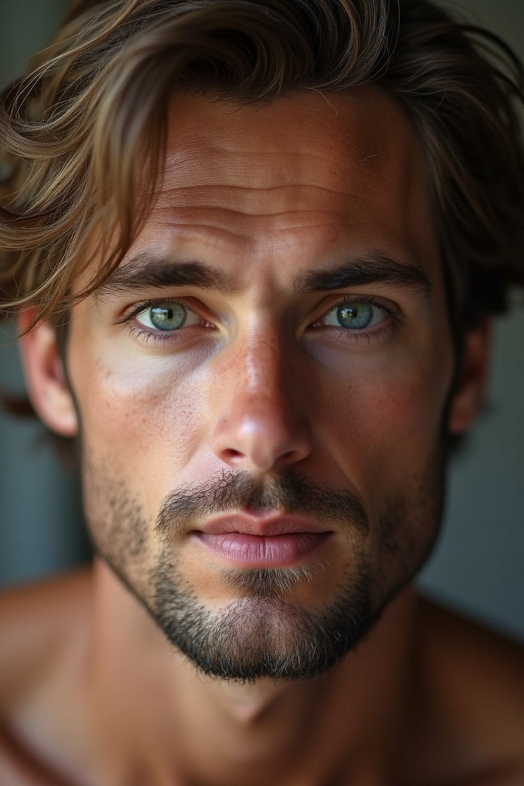 man wearing underwear  in Men's Health  centerfold photoshoot. intact eyes, symmetrical eyes, realistic skin texture. hyper realistic eyes. photorealistic