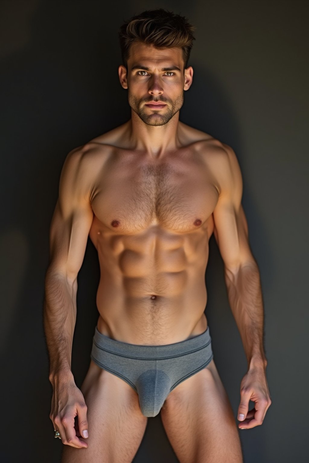 man wearing underwear  in Men's Health  centerfold photoshoot. intact eyes, symmetrical eyes, realistic skin texture. hyper realistic eyes. photorealistic