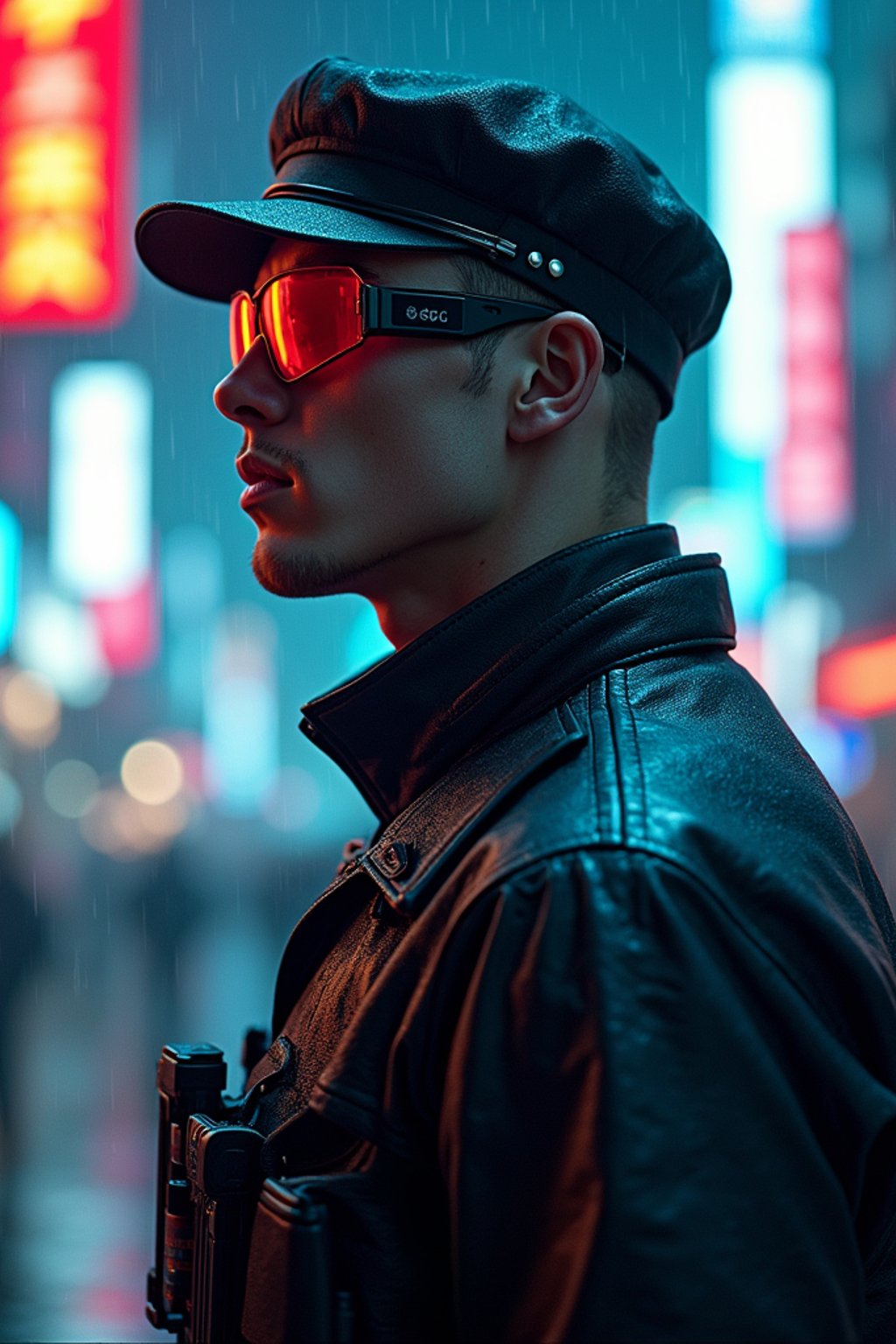 man as futuristic beautiful cyberpunk police officer, in heavy rainning futuristic tokyo rooftop cyberpunk night, ssci-fi, fantasy, intricate, very very beautiful, elegant, neon light, highly detailed, digital painting, artstation, concept art, soft light, hdri, smooth, sharp focus, illustration, art by tian zi and craig mullins and wlop and alphonse mucha