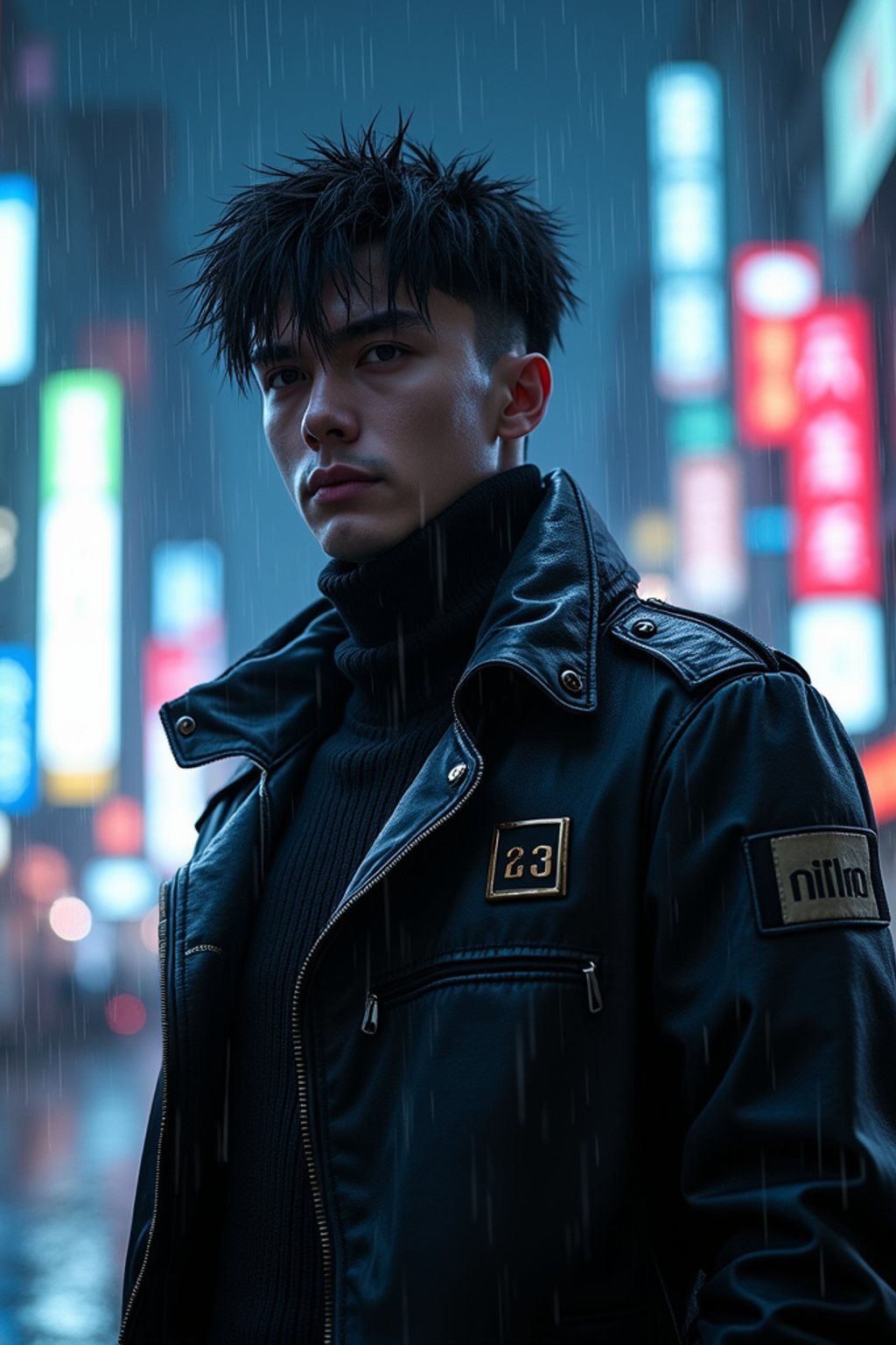 man as futuristic beautiful cyberpunk police officer, in heavy rainning futuristic tokyo rooftop cyberpunk night, ssci-fi, fantasy, intricate, very very beautiful, elegant, neon light, highly detailed, digital painting, artstation, concept art, soft light, hdri, smooth, sharp focus, illustration, art by tian zi and craig mullins and wlop and alphonse mucha