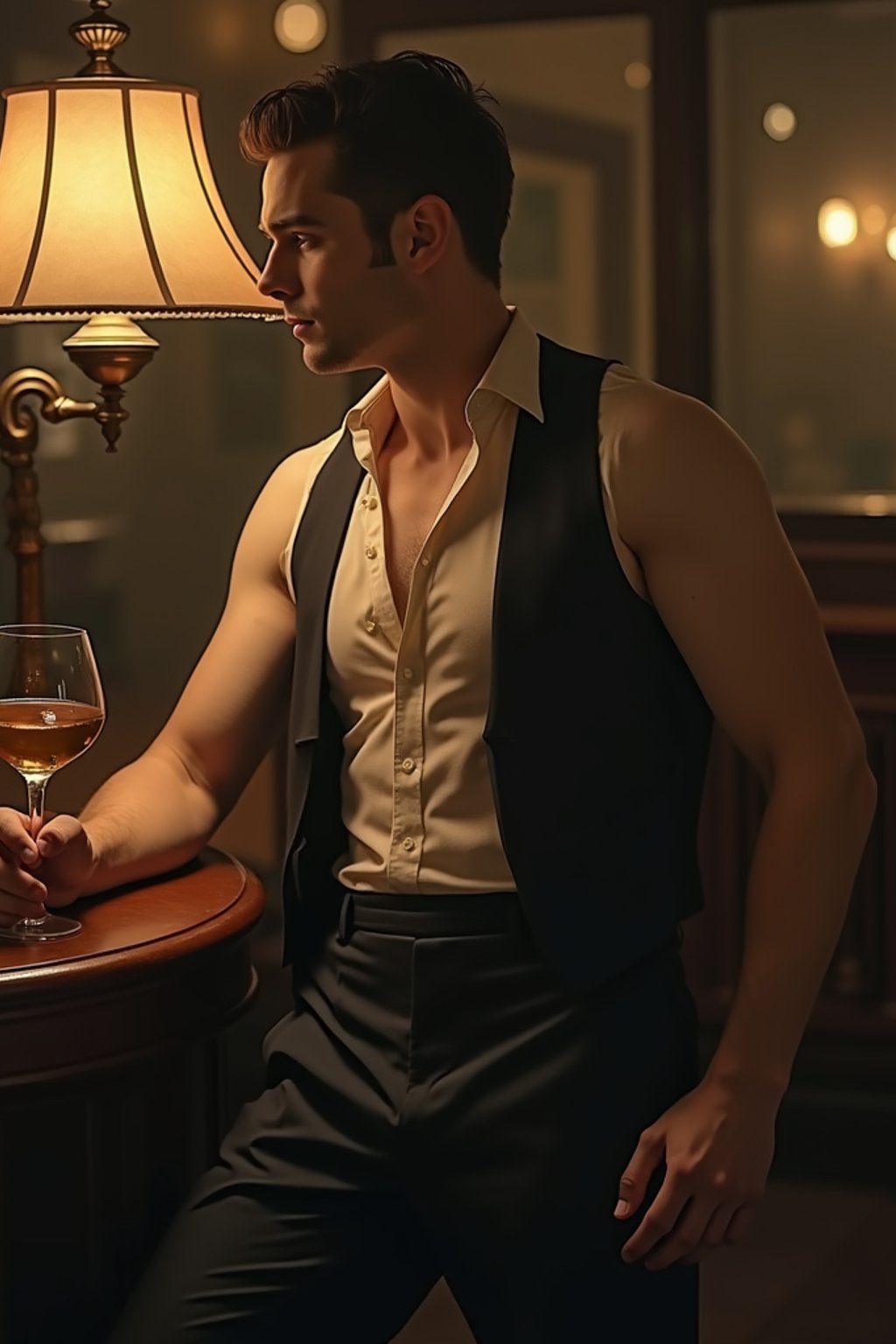 man, dimly lit upscale 1920s speakeasy, relaxed pose, fantasy, art deco, detailed painterly digital art style by coles phillips and alfred charles parker, 🍸🍋