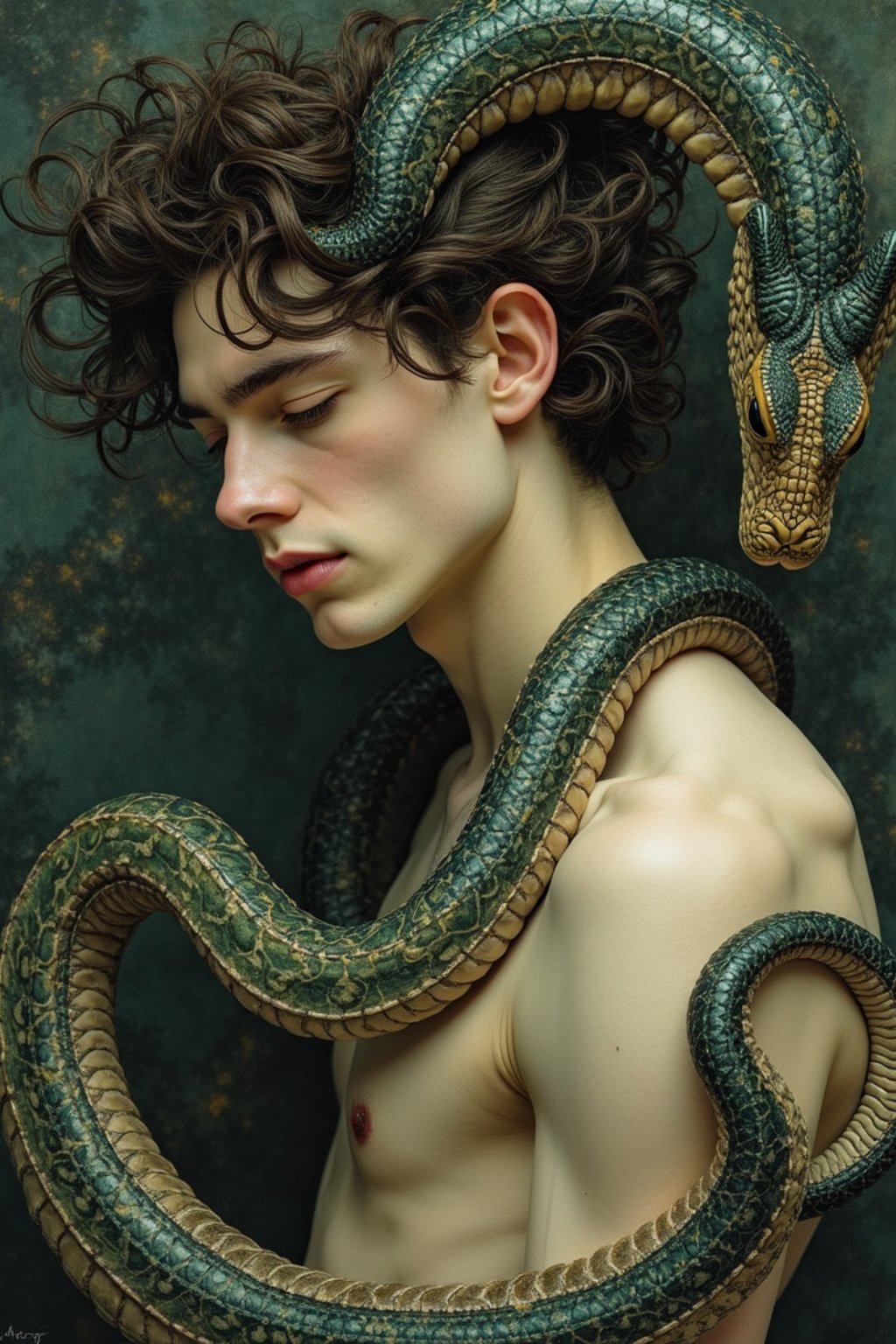 man with coiled serpents beautiful detailed romantic art nouveau of a man  by alphonse mucha, kay nielsen, yoshitaka amano, and gustav klimt, hauntingly beautiful refined moody dreamscape