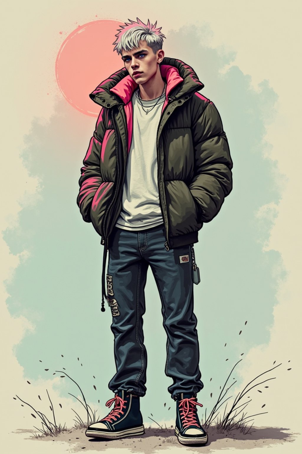 full body of a street punk man student, blue eyes, bubble jacket, hat, white hair by atey ghailan, by greg rutkowski, by greg tocchini, by james gilleard, by joe fenton, by kaethe butcher, gradient pink, black, brown and light blue color scheme, grunge aesthetic