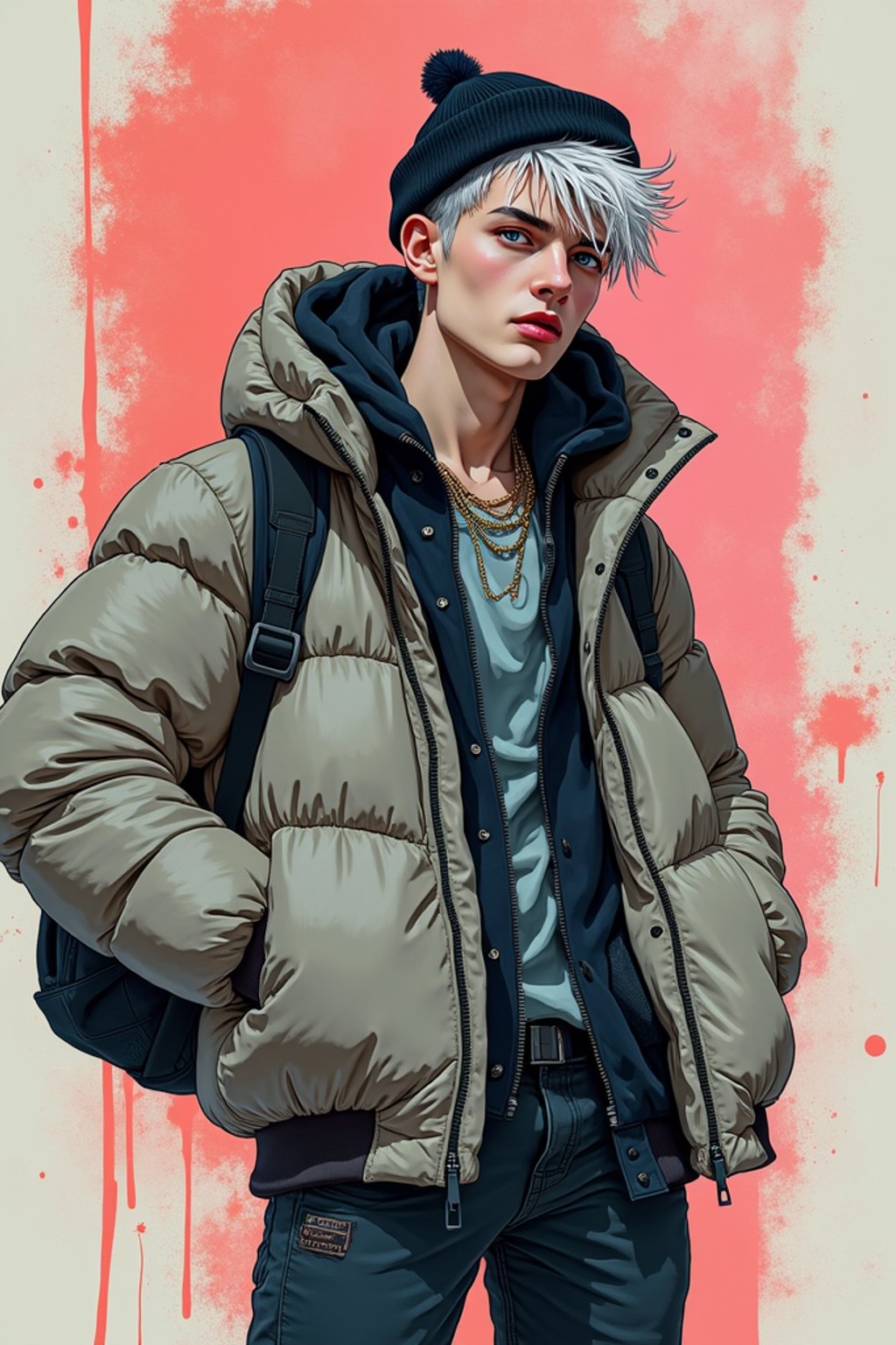 full body of a street punk man student, blue eyes, bubble jacket, hat, white hair by atey ghailan, by greg rutkowski, by greg tocchini, by james gilleard, by joe fenton, by kaethe butcher, gradient pink, black, brown and light blue color scheme, grunge aesthetic