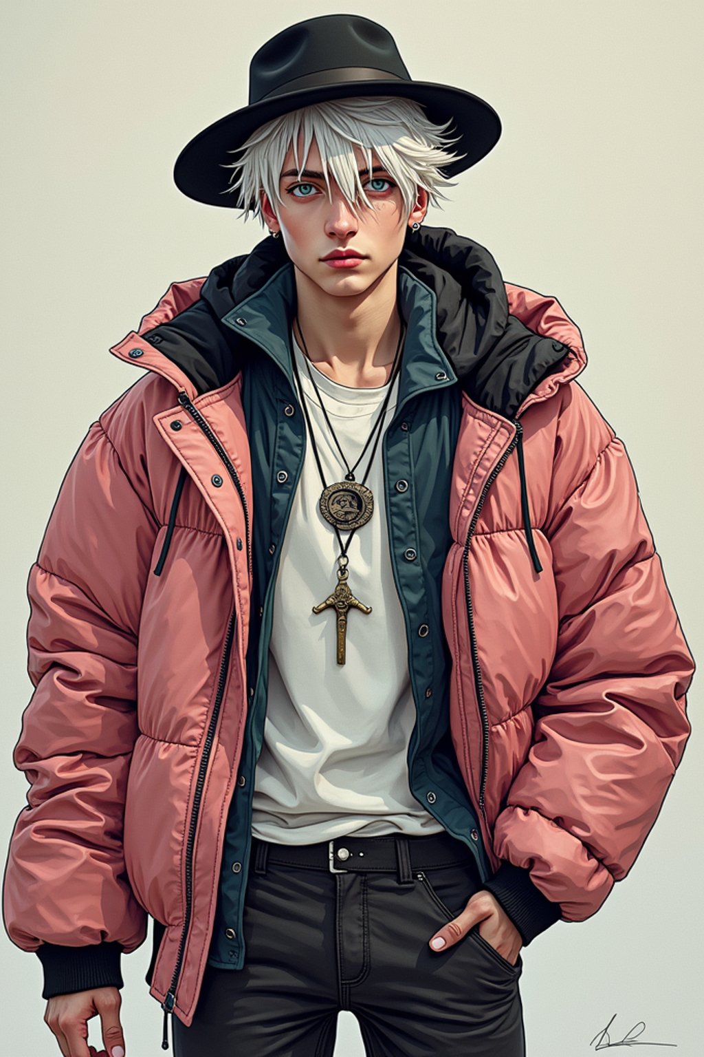 full body of a street punk man student, blue eyes, bubble jacket, hat, white hair by atey ghailan, by greg rutkowski, by greg tocchini, by james gilleard, by joe fenton, by kaethe butcher, gradient pink, black, brown and light blue color scheme, grunge aesthetic