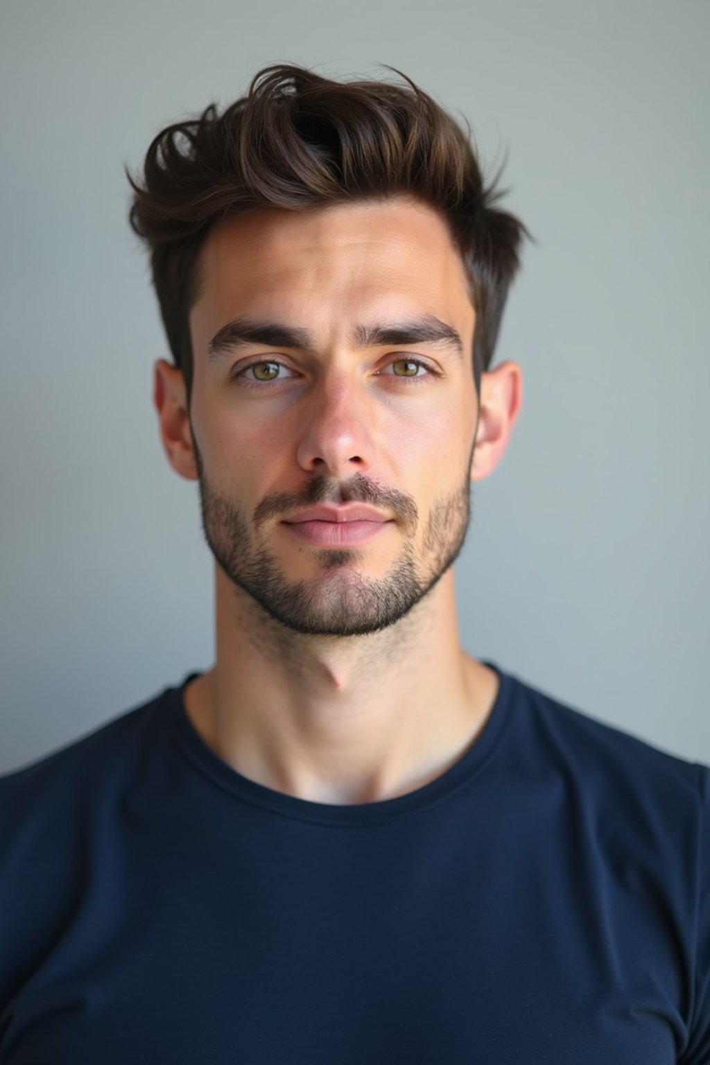 man as official passport photo for government documents. wearing a dark blue navy t-shirt. photorealistic. light gray background. entire face visible. entire head visible