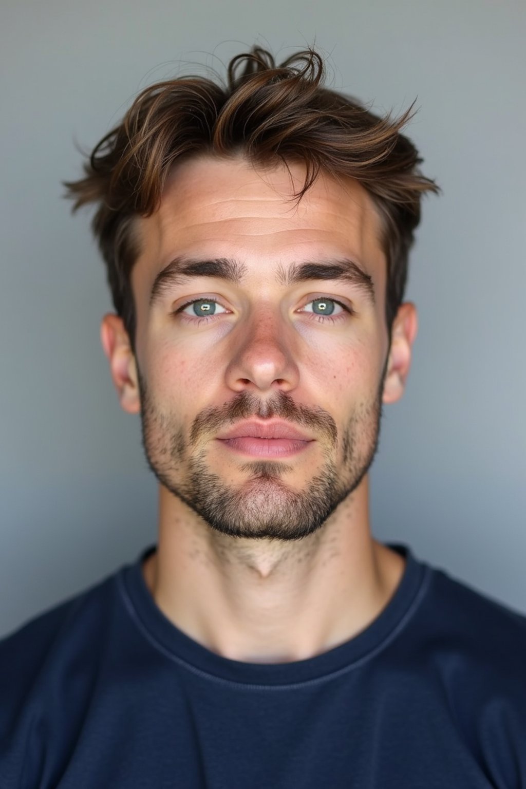 man as official passport photo for government documents. wearing a dark blue navy t-shirt. photorealistic. light gray background. entire face visible. entire head visible