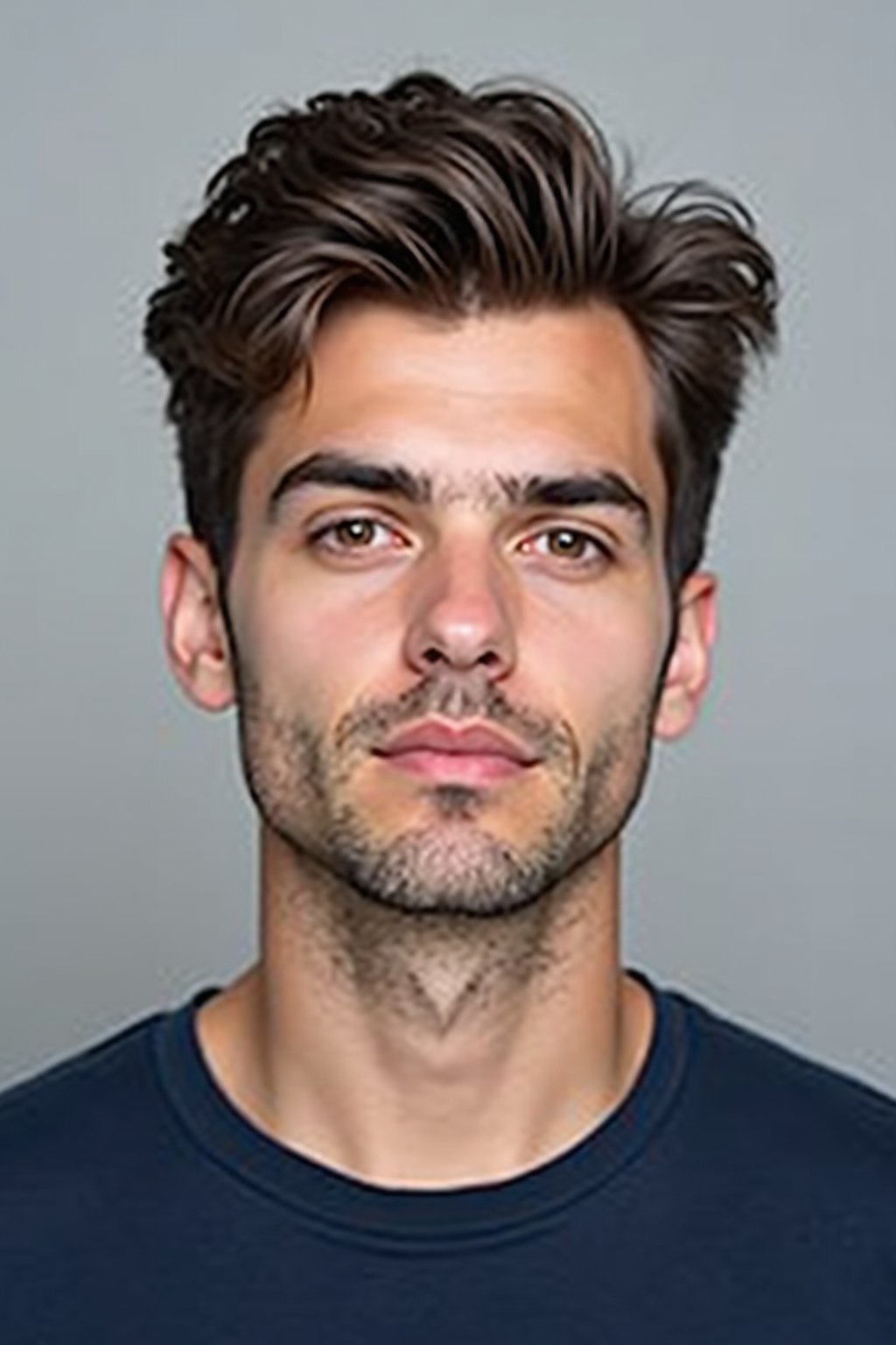 man as official passport photo for government documents. wearing a dark blue navy t-shirt. photorealistic. light gray background. entire face visible. entire head visible