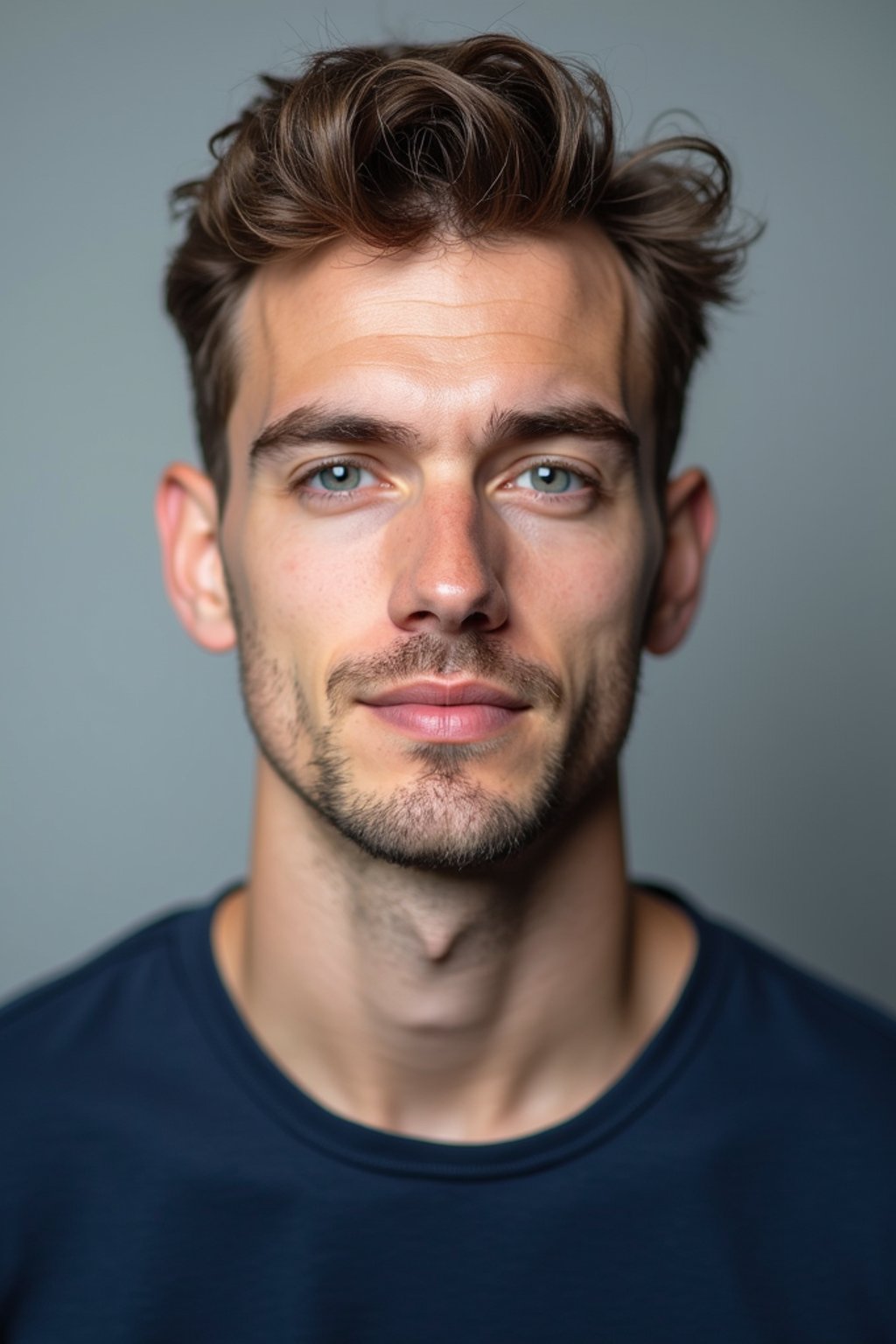 man as official passport photo for government documents. wearing a dark blue navy t-shirt. photorealistic. light gray background. entire face visible. entire head visible