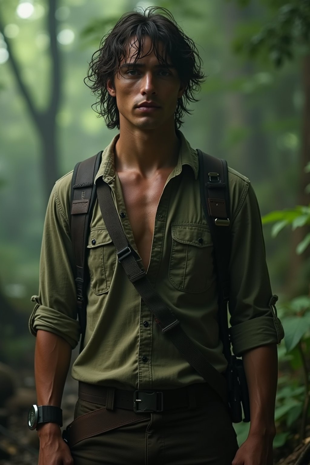 man as masculine male sidekick of Lara Croft  in Tombraider, in rainforest, cinematic lighting